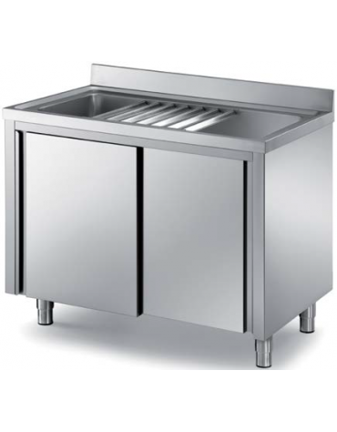 Lavatoio armadiato per lavaggio pentole in inox AISI 304  - 1 vasca cm 106x50x37,5h - con griglia - cm 120x70x85h