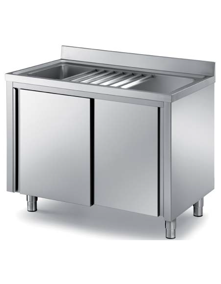 Lavatoio armadiato per lavaggio pentole in inox AISI 304  - 1 vasca cm 166x50x37,5h - con griglia - cm 180x70x85h