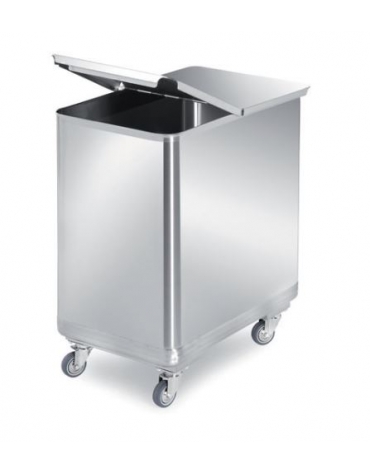 TRAMOGGIA INOX AISI 304 SPIGOLI ARROTONDATI CON COPERCHIO - CON DIVISORIO ESTRAIBILE - CARRELLATA - CAPACITA' 50+50 L - cm 37,5