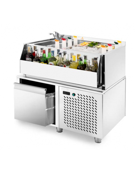 COCKTAIL STATION IN ACCIAIO INOX AISI 304 CON CASSETTO PORTABOTTIGLIE INFERIORE ESTRAIBILE REFRIGERATO  - CM 100x70x83h