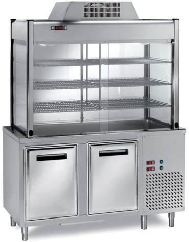 ELEMENTO INOX AISI 304 REFRIGERATO CON VETRINA SOPRASTANTE REFRIGERATA, CAPACITA' 4 GN 1/1 - CM 150X70X200H