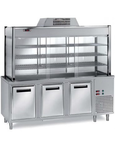 ELEMENTO INOX AISI 304 REFRIGERATO CON VETRINA SOPRASTANTE REFRIGERATA, CAPACITA' 5 GN 1/1 - CM 200X70X200H