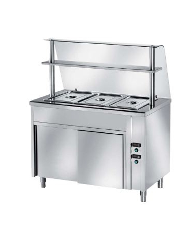 TAVOLO INOX AISI 304 SELFSERVICE BAGNOMARIA - 3 x GN1/1 - VANO INFERIORE RISCALDATO - SENZA SOVRASTRUTTURA IN VETRO - CM 120X70X