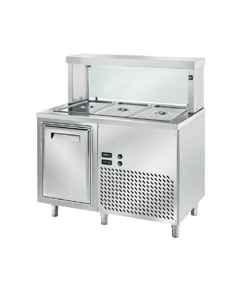 TAVOLO INOX AISI 304 REFRIGERATO SELF-SERVICE, x3 GN 1/1 - VANO INFERIORE REFRIGERATO, LAMPADE E VETRO  - CM 120x70x130h