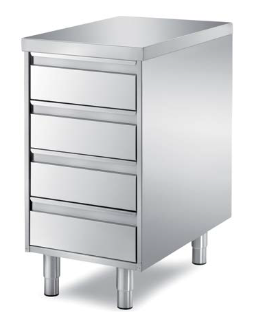Cassettiera gastronorm in acciaio inox AISI 304 a 4 cassetti - con ripiano - Dimensioni mm 450x700x850h