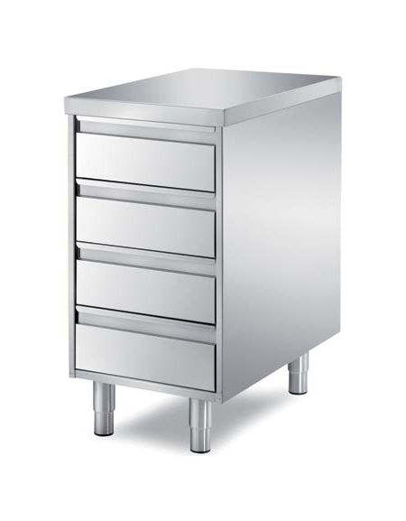 Cassettiera gastronorm in acciaio inox AISI 304 a 4 cassetti - con ripiano - Dimensioni mm 650x700x850h