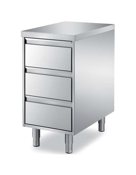 Cassettiera gastronorm in acciaio inox AISI 304 a 3 cassetti, con ripiano - Dimensioni mm 450x700x850h