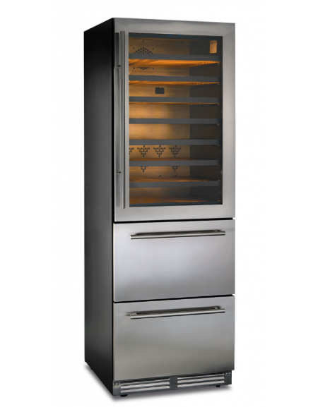Frigo vini 1 porta cornice acciaio e 2 cassetti -ventilato +2°/+20°C vano superiore, 0°/+15°C vano inferiore - mm 595x685x1795h