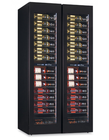 Vetrina vini ventilata 2 porte, 4 zone di temperatura (2x)+2°C+20°C, (2x)+12°C/+20°C  - N°210 bottiglie - cm 92x69x180,4h