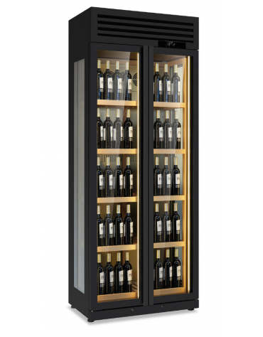 Vetrina frigo vini ventilato due porte in acciaio verniciato nero - temperatura +3°/+20 °C - N°175 bottiglie - cm 90x58,2x230,5h