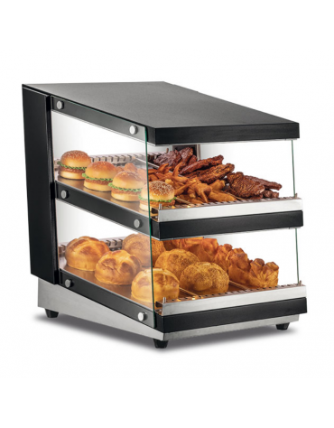 Vetrina calda soprabanco in acciaio - 2 ripiani - aperta lato operatore e lato cliente - temp. +30°C/+90°C - cm 60x70,3x70,4h