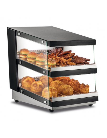 Vetrina calda soprabanco in acciaio - 2 ripiani - aperta lato operatore e lato cliente - temp. +30°C/+90°C - cm 60x70,3x70,4h