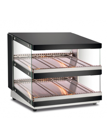 Vetrina calda soprabanco in acciaio ventilata +30°C/+90°C - 2 ripiani - aperta lato operatore e lato cliente  - cm 80x70,3x70,4h