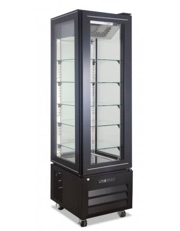 Vetrina pasticceria ventilata no frost +2°/+8°C con 4 lati in vetro - colore nero - 1 porta - capacità 258 Lt - cm 45x65x195h