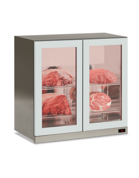 Frigo vetrina pensile 2 ante per conservazione carne in acciaio AISI 304 spazzolato - temp. -2°/+10 °C - cm 90x56,5x85,2h