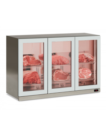 Frigo vetrina pensile 3 ante per conservazione carne in acciaio AISI 304 spazzolato - temp. -2°/+10 °C - cm 135x56,5x85,2h