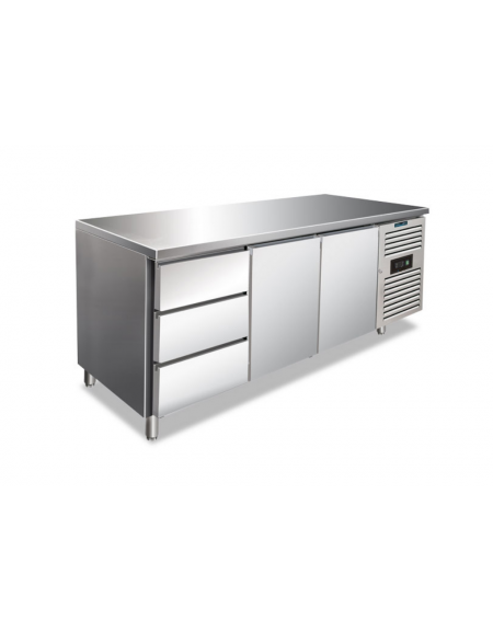 Tavolo refrigerato inox AISI 304 ventilato -2°/+8°C - 2 porte e 1 cassettiera da N°3 cassetti GN 1/3 -Classe B - cm 179,5x70x86h