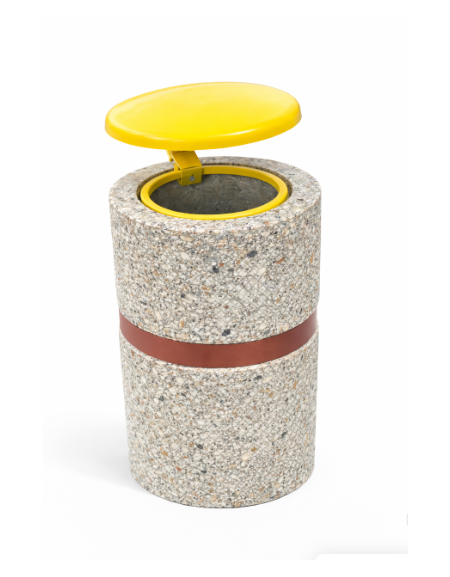 Cestone portarifiuti in cemento colore Grigio sabbiato  - con coperchio a ribalta e reggisacco -  Øcm 50 - Altezza cm 100 - CAM