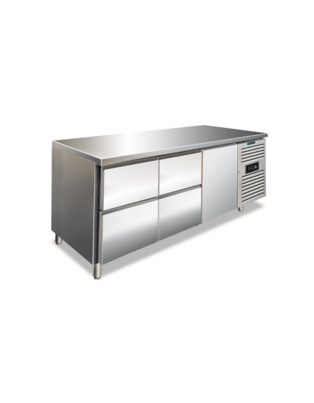 Tavolo refrigerato inox AISI 304 ventilato -2°/+8°C - 1 porta e 2 cassettiera da N°2 cassetti GN 1/2 -Classe B - cm 179,5x70x86h