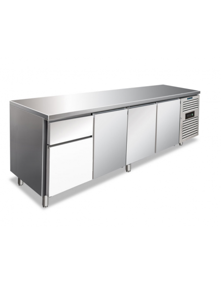 Tavolo refrigerato inox 3 Porte e 1 cassettiera da N°1 cassetto GN 1/3 + N°1 cassetto GN 2/3 - ventilato -2°+8°C - cm 223x70x86h