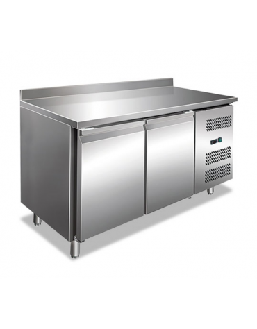 Tavolo refrigerato 2 ante in acciaio inox AISI 201 con alzatina - ventilato TN +2°/+8 °C - Classe C - cm 136x70x95h
