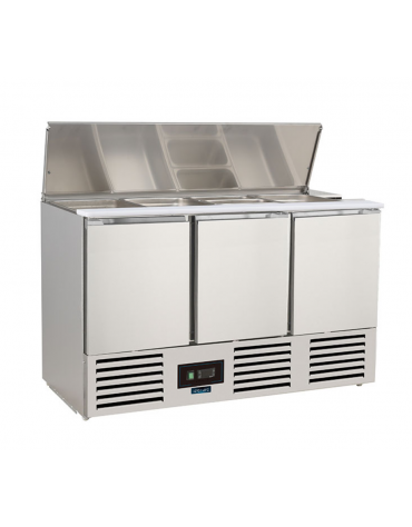 Banco saladette inox 3 porte con scomparto per bacinelle Gastronorm - statico con agitatore +2°/+8°C -cm 136,5x70x87h