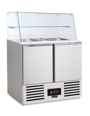 Saladette inox 2 porte con scomparto bacinelle GN e protezione in vetro - statico con agitatore +2°/+8°C - cm 90x70x134h