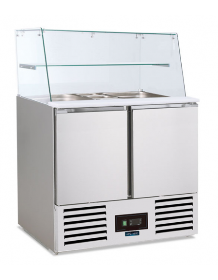 Saladette inox 2 porte con scomparto bacinelle GN e protezione in vetro - statico con agitatore +2°/+8°C - cm 90x70x134h