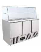 Saladette inox 3 porte con scomparto bacinelle GN e protezione in vetro - statico con agitatore +2°/+8°C -cm 136,5x70x134h