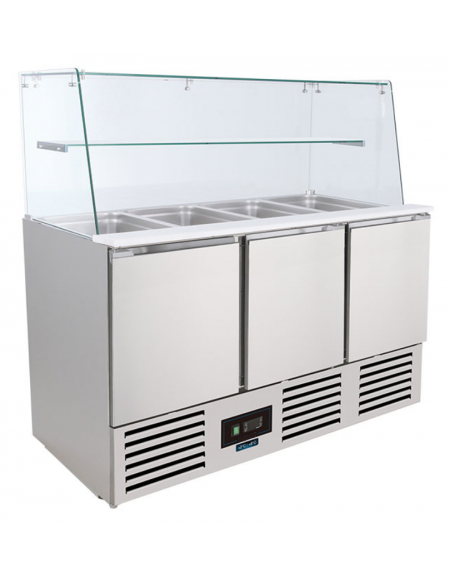 Saladette inox 3 porte con scomparto bacinelle GN e protezione in vetro - statico con agitatore +2°/+8°C -cm 136,5x70x134h