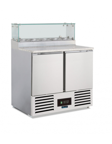 Saladette inox 2 porte con vetrina refrigerata per bacinelle Gastronorm - statico con agitatore +2°/+8°C - cm 90x70x118h