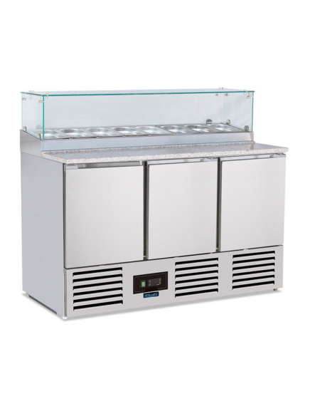 Saladette inox 3 porte con vetrina refrigerata per bacinelle Gastronorm - statico con agitatore +2°/+8°C - cm 136,5x70x118h