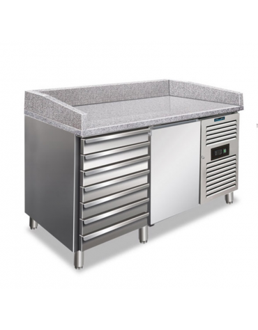 Tavolo refrigerato pizzeria 1 porta con cassettiera da N°7 cassetti - piano in granito - ventilato +2°/+8°C - Cm 151,5x80x100h