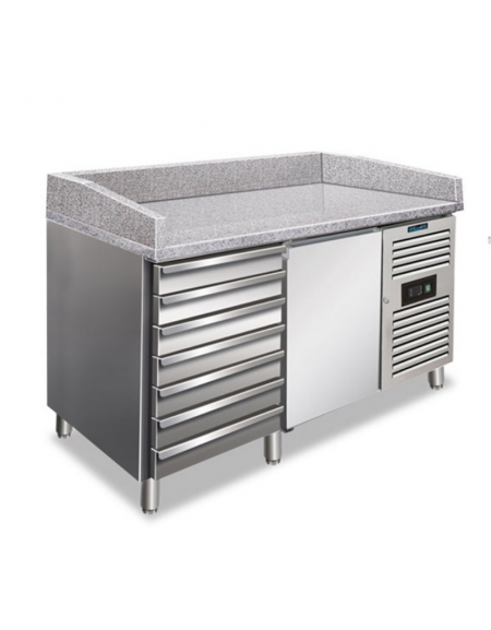 Tavolo refrigerato pizzeria 1 porta con cassettiera da N°7 cassetti - piano in granito - ventilato +2°/+8°C - Cm 151,5x80x100h