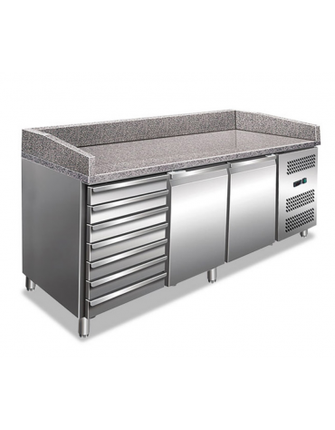 Banco pizza refrigerato in acciaio AISI 201 - 2 porte + 1 cassettiera da N°7 cassetti - ventilato +2°/+8°C - cm 202,5x80x100h