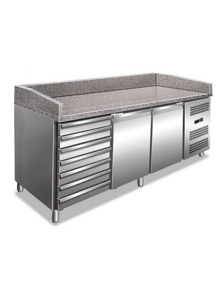 Banco pizza refrigerato in acciaio AISI 201 - 2 porte + 1 cassettiera da N°7 cassetti - ventilato +2°/+8°C - cm 202,5x80x100h