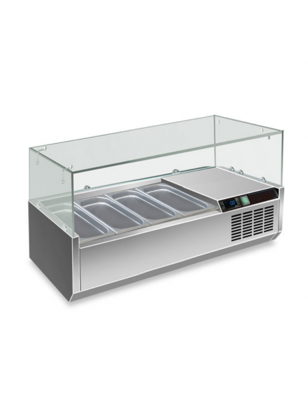 Vetrina refrigerata pizzeria statica +2°/+8°C in acciaio inox AISI 304 con vetro superiore- 4 bacinelle GN1/3 -cm 120x39,5x43,5h