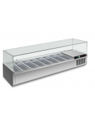 Vetrina refrigerata pizzeria statica +2°/+8°C in acciaio inox AISI 304 con vetro superiore- 6 bacinelle GN1/3 -cm 150x39,5x43,5h