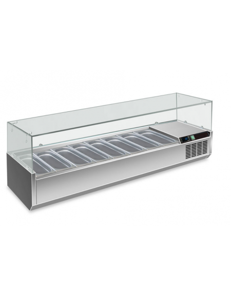 Vetrina refrigerata pizzeria statica +2°/+8°C in acciaio inox AISI 304 con vetro superiore- 6 bacinelle GN1/3 -cm 150x39,5x43,5h
