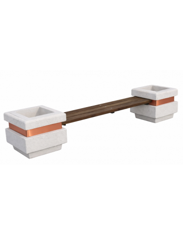 Panchina con seduta in legno e 2 fioriere laterali in cemento calcestruzzo, colore Bianco pietra - cm 310x60x65h - CAM