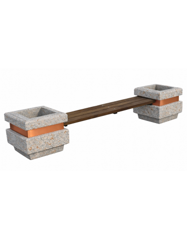 Panchina con seduta in legno e 2 fioriere laterali in cemento calcestruzzo, colore Grigio travertino - cm 310x60x65h - CAM