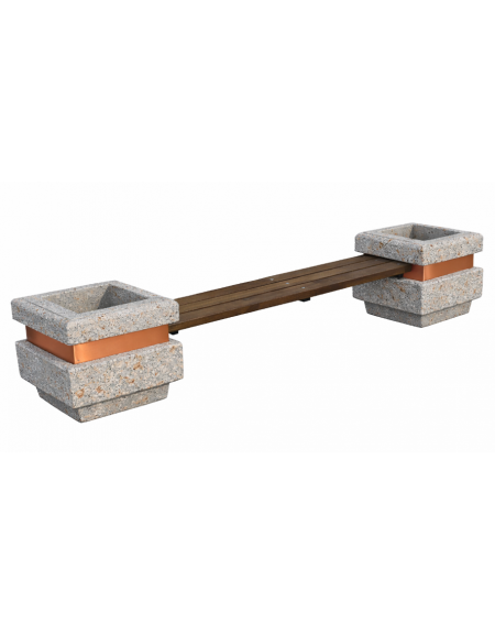 Panchina con seduta in legno e 2 fioriere laterali in cemento calcestruzzo, colore Grigio travertino - cm 310x60x65h - CAM