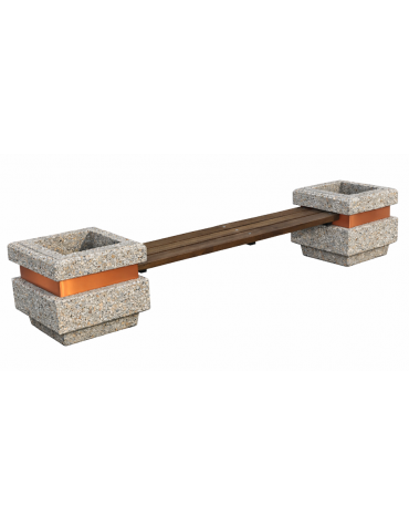 Panchina con seduta in legno e 2 fioriere laterali in cemento calcestruzzo, colore Grigio sabbiato - cm 310x60x65h - CAM