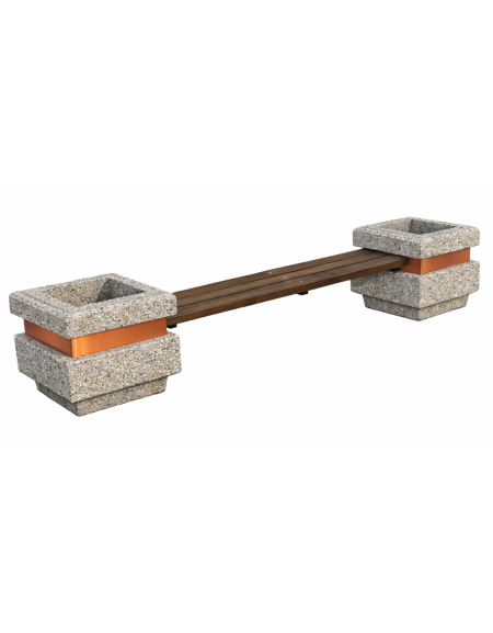 Panchina con seduta in legno e 2 fioriere laterali in cemento calcestruzzo, colore Grigio sabbiato - cm 310x60x65h - CAM