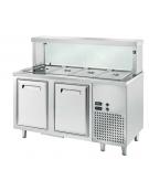 TAVOLO INOX AISI 304 REFRIGERATO SELF-SERVICE, x4 GN1/1 - 2 ANTE REFRIGERATE, VASCA H 30, LAMPADE E VETRO  - CM 150x70x130h
