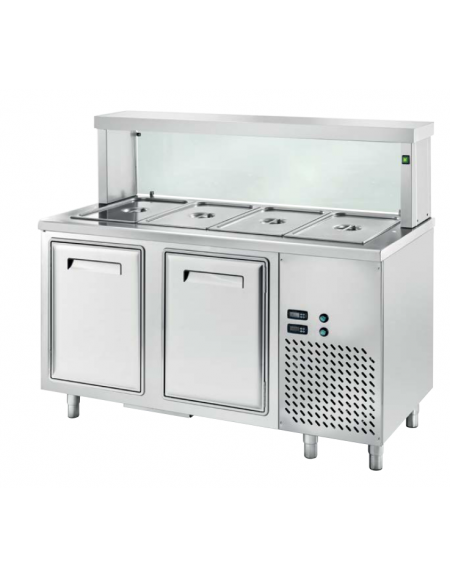 TAVOLO INOX AISI 304 REFRIGERATO SELF-SERVICE, x4 GN1/1 - 2 ANTE REFRIGERATE, VASCA H 30, LAMPADE E VETRO  - CM 150x70x130h