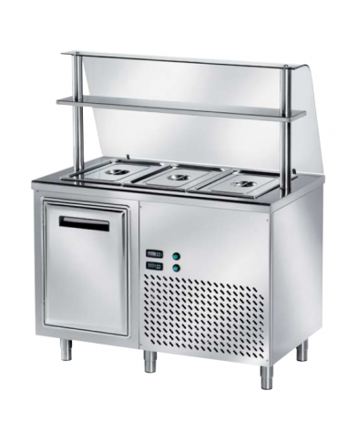 TAVOLO INOX AISI 304 REFRIGERATO SELF-SERVICE, x3 GN 1/1 - 1 ANTA, VASCA H 30 E SOVRASTRUTTURA IN VETRO CURVO - CM 120x80x145h