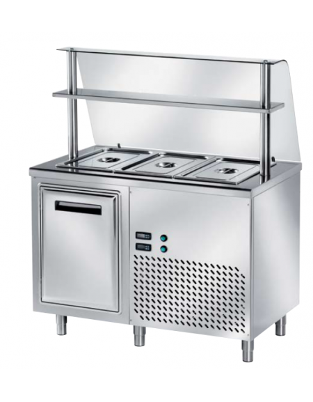 TAVOLO INOX AISI 304 REFRIGERATO SELF-SERVICE, x3 GN 1/1 - 1 ANTA, VASCA H 30 E SOVRASTRUTTURA IN VETRO CURVO - CM 120x80x145h