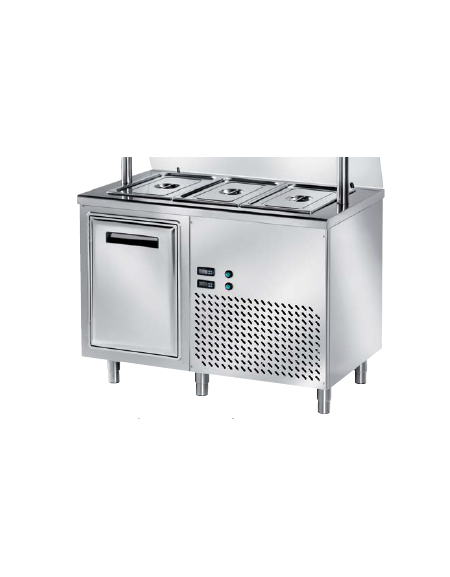 TAVOLO INOX AISI 304 REFRIGERATO SELF-SERVICE, x3 GN 1/1 - 1 ANTA - VASCA H 30 - SENZA SOVRASTRUTTURA IN VETRO - CM 120x80x89h