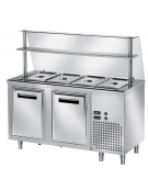 TAVOLO INOX AISI 304 REFRIGERATO SELF-SERVICE, x4 GN 1/1 - 2 ANTE, VASCA H 30 E SOVRASTRUTTURA IN VETRO CURVO - CM 150x80x145h